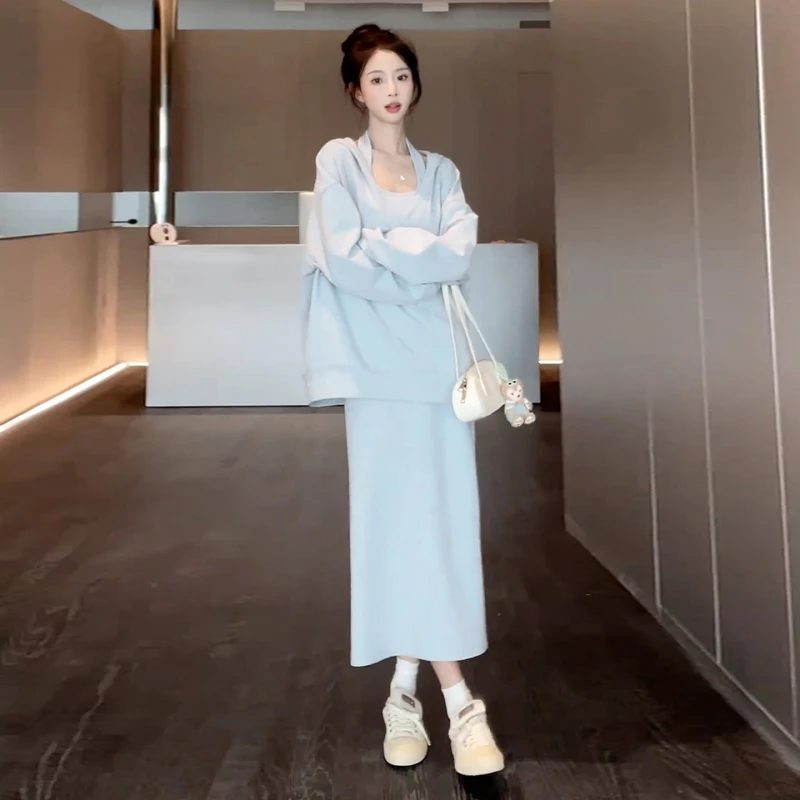 【现货+运补】蓝色挂脖吊带早秋季韩系穿搭一整套装卫衣长裙4937