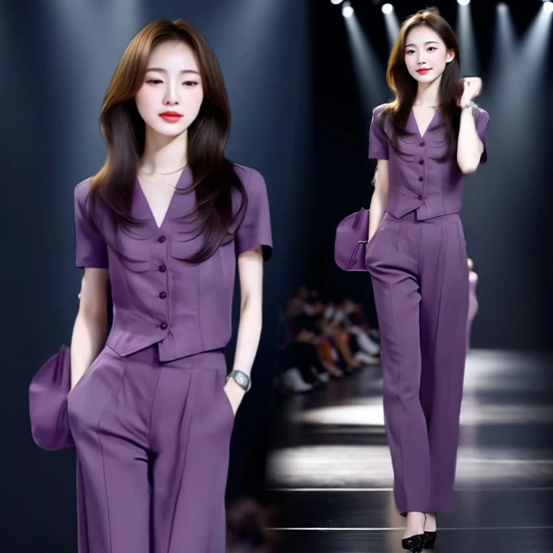 休闲简约2025年夏季新款套装女士气质开衫短袖显瘦直筒裤两件套