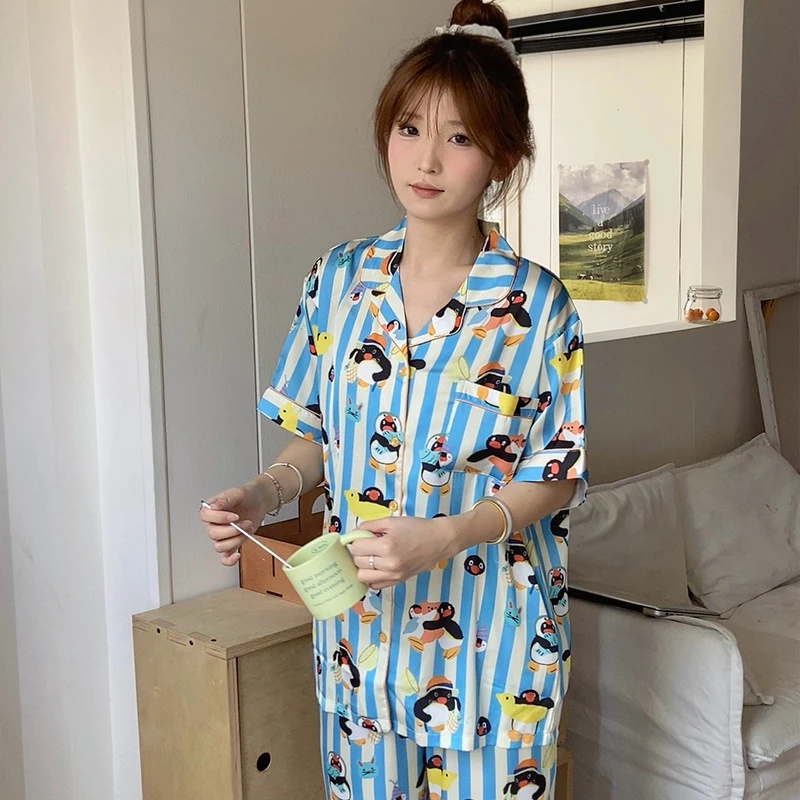 侘町2025春夏季新款冰丝夏日游泳圈pingu 短袖长裤女家居服可外穿