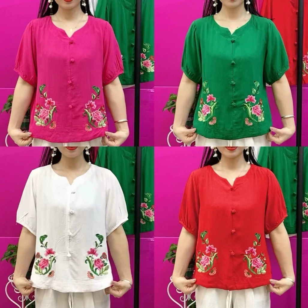 新款刺绣牡丹花文艺短袖