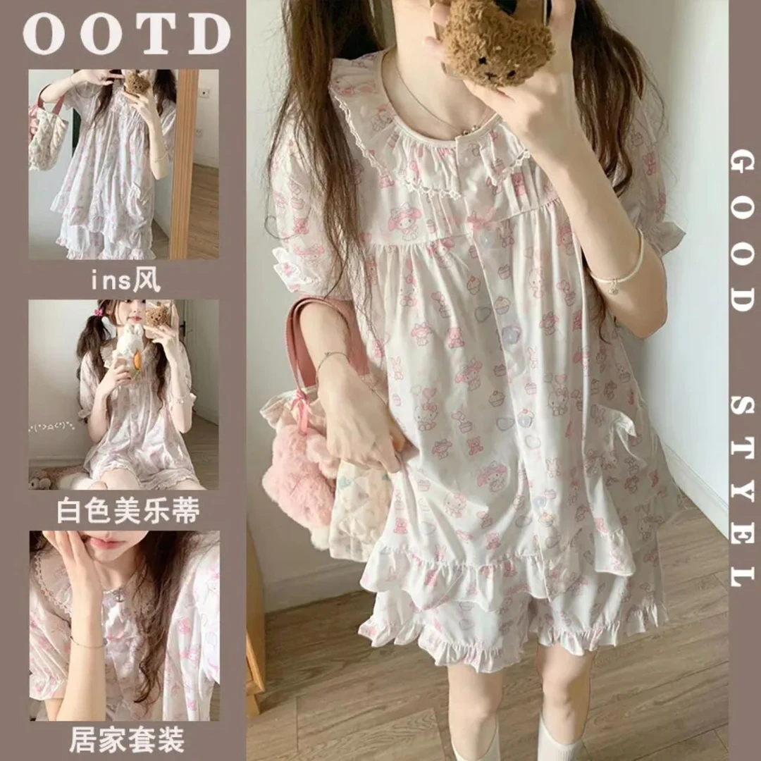 夏季新款卡通美乐蒂蕾丝领边睡衣女款短袖短裤甜美可爱学生家居服