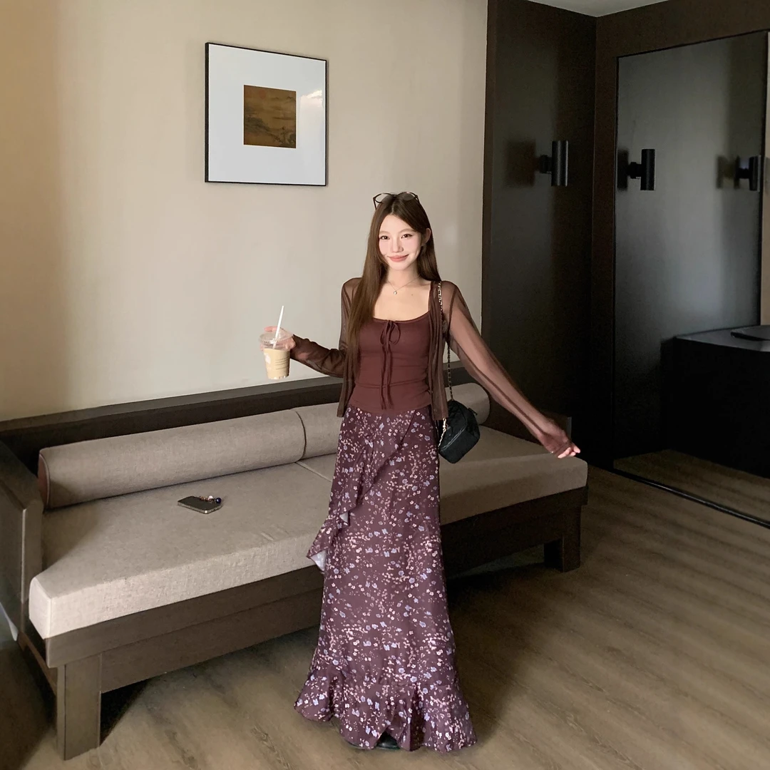 实拍复古透视薄款长袖防晒外套吊带背心碎花裙半身裙三件套装女装