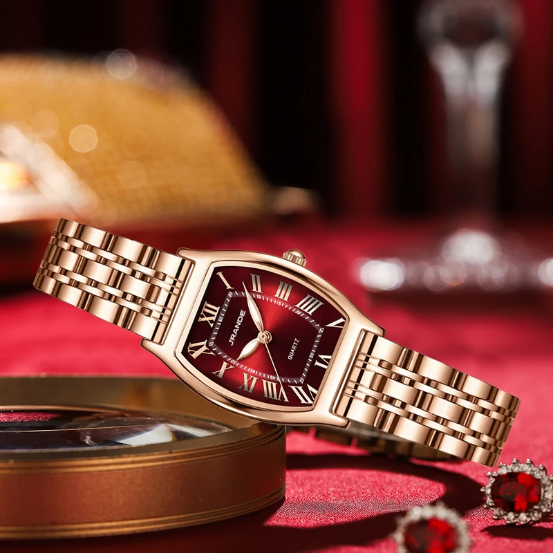 正品女士 轻奢简约百搭酒桶形 防水钢带女表