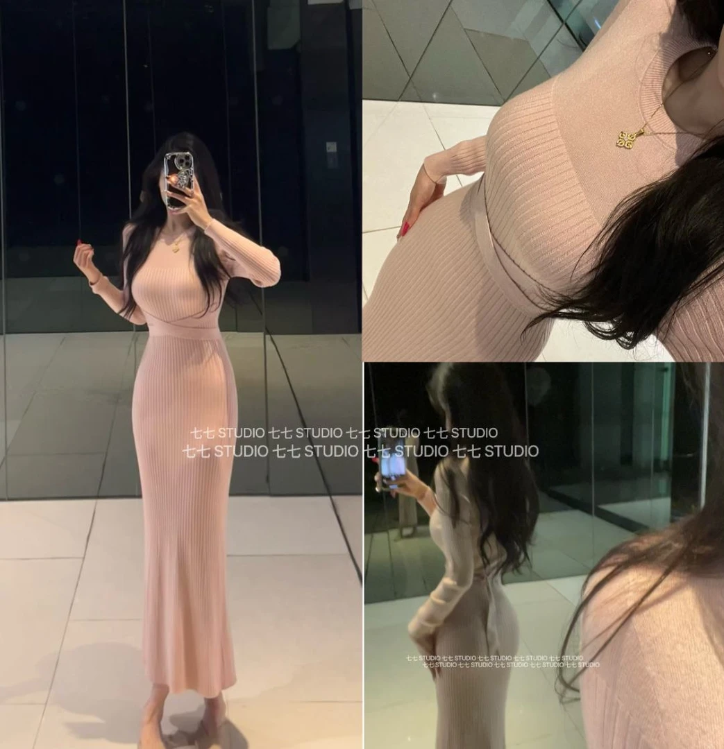 七七【轻柔定律2.0】法式御姐风半微透针织绑带收腰显瘦连衣裙Q2748