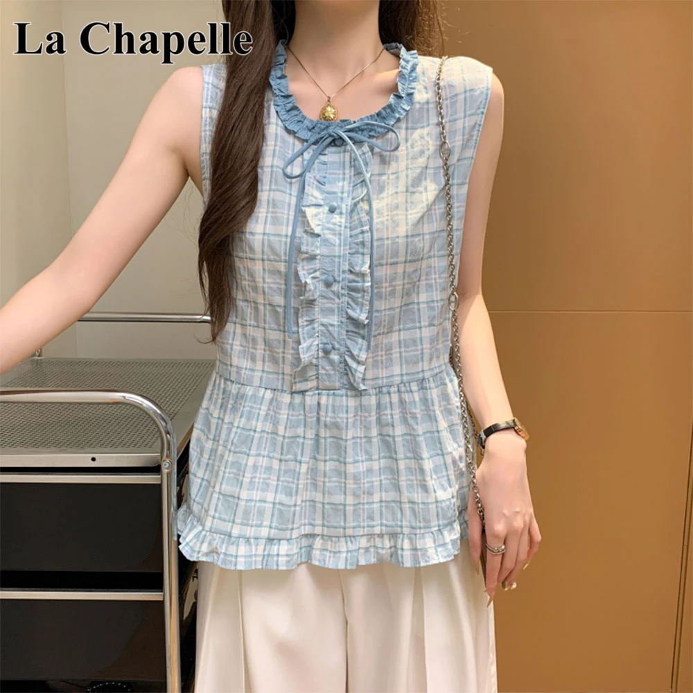 拉夏贝尔格子木耳花边娃娃衫衬衫女2025新款减龄少女风无袖上衣潮