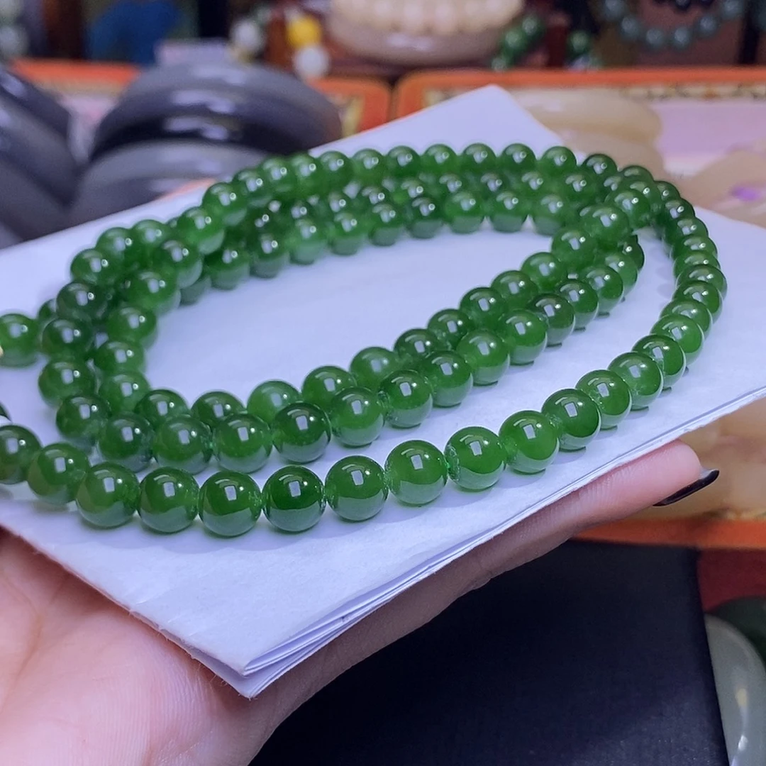 谁***华和田玉未镶嵌颈饰碧玉满色满绿老料收藏约8mm108佛珠