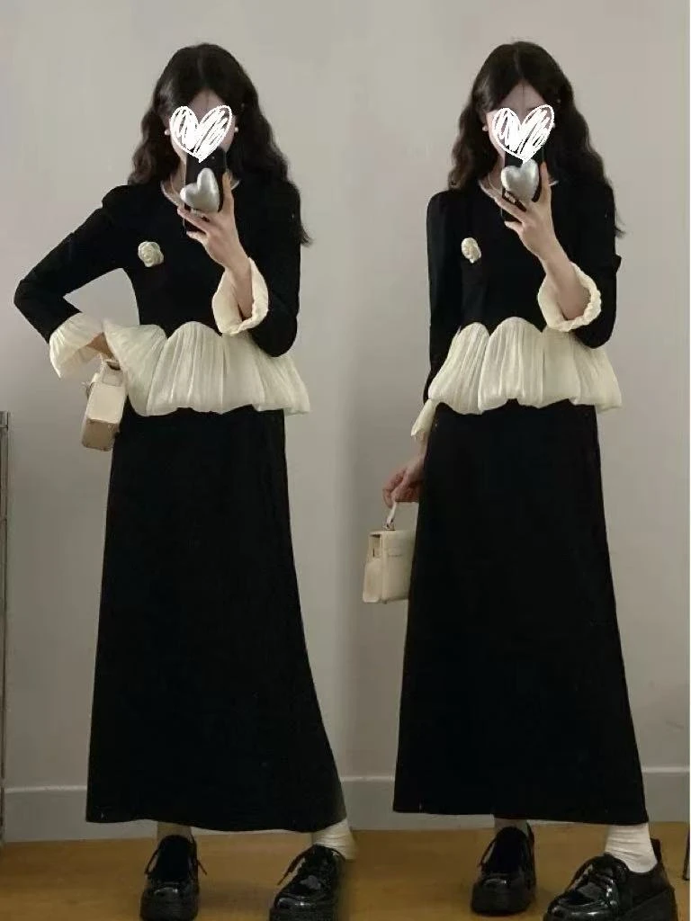 大码女装早秋时尚套装女装长裙长袖秋冬时尚韩版拼接蕾丝两件套