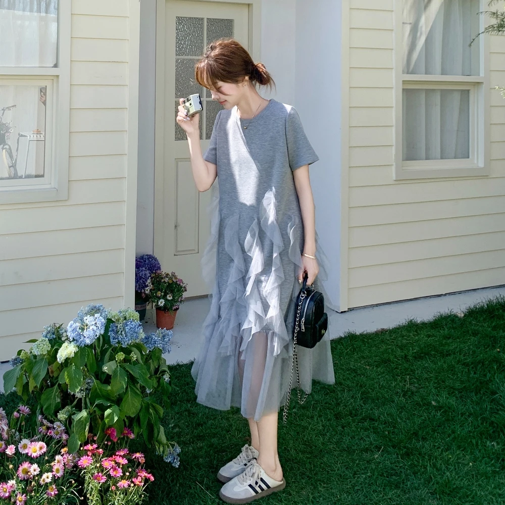 网纱拼接灰色卫衣连衣裙女夏季超火独特漂亮设计感宽松休闲T恤裙