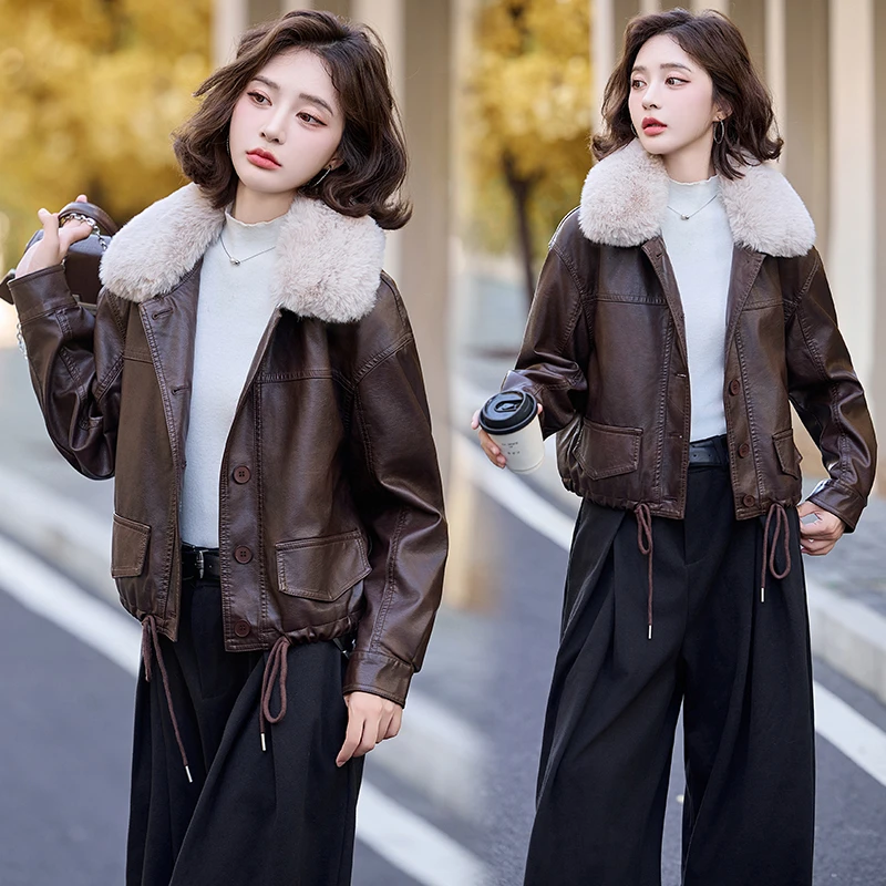 毛领皮衣外套秋冬加绒加厚2025冬新款小个子短款PU皮机车夹克上衣