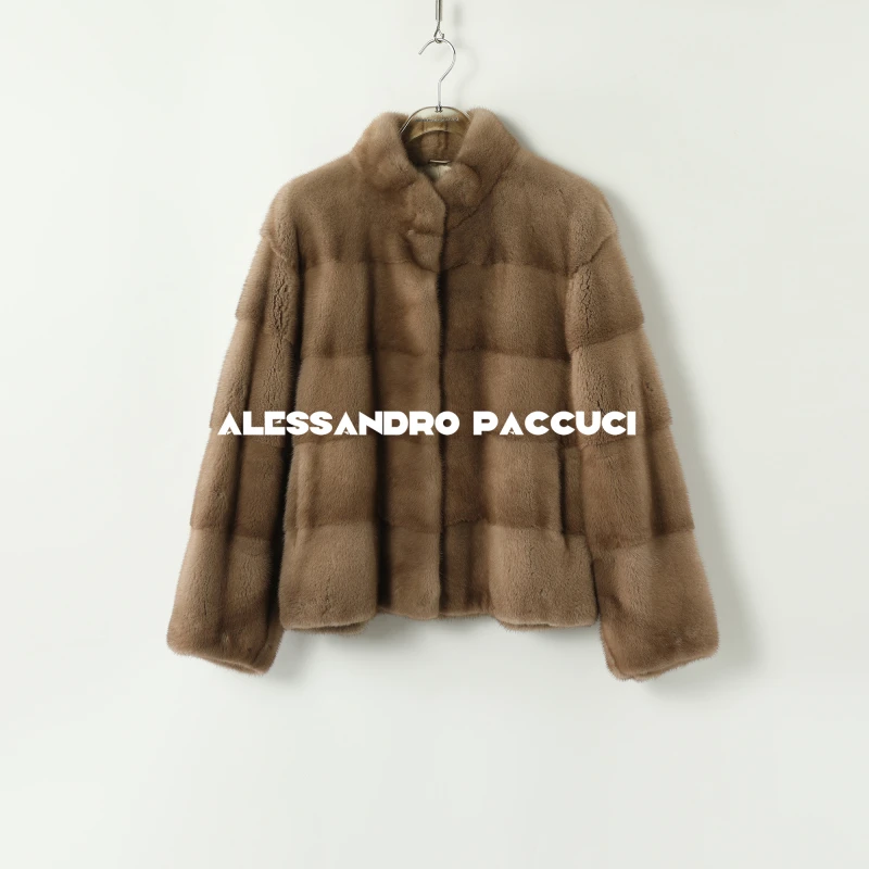 SAGA✖AP洛哥44015CS【暮雪】本色水貂+真丝抽刀横排短款皮草外套