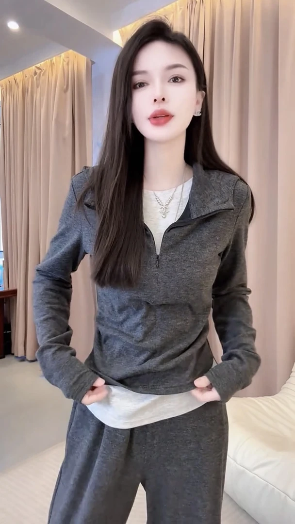 欧洲站2025新款半拉链连帽假两件卫衣休闲阔腿裤套装女