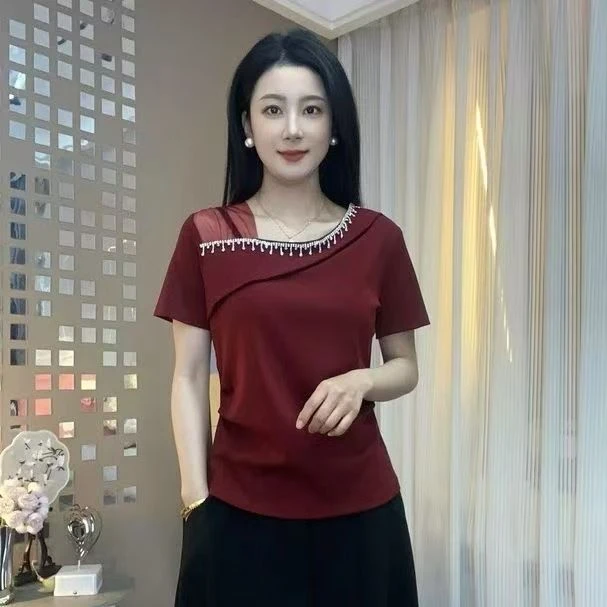 重工烫钻网纱拼接短袖体恤2025夏新款女装不规则时尚宽松洋气上衣