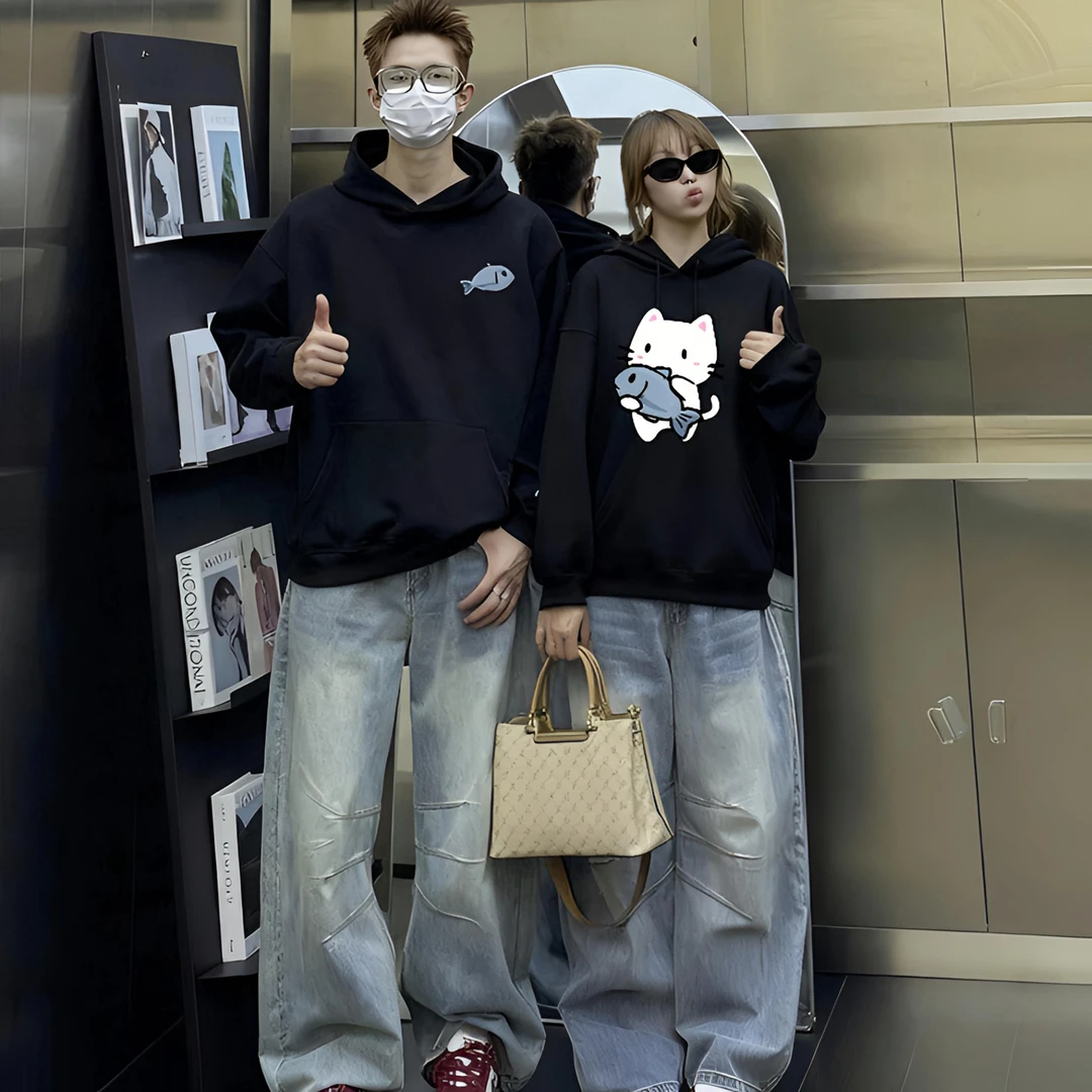 特别的抱鱼猫情侣装卫衣2025新款秋冬季高级感小众高级感加厚外套