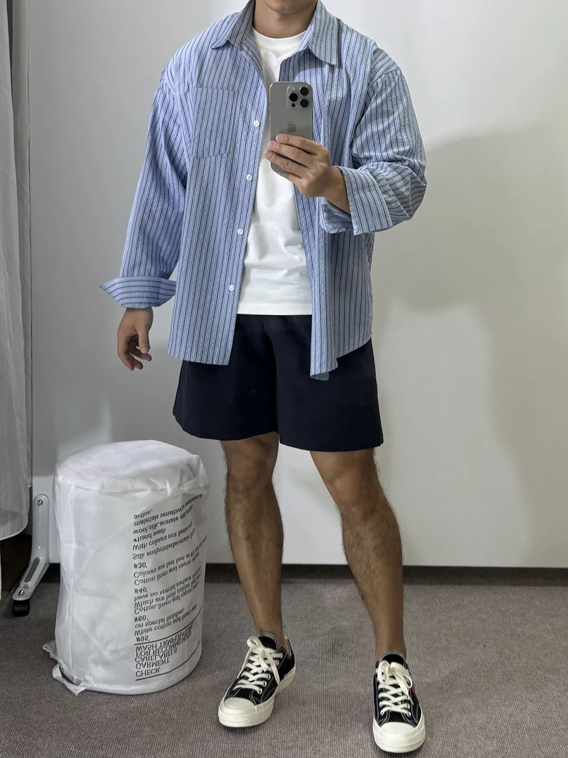 8815韩系泡泡衫长袖刺绣条纹男薄款衬衫宽松休闲ins衬衣夏季