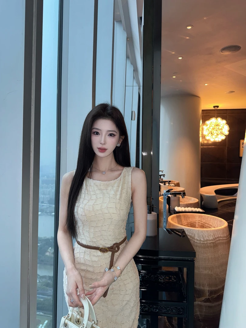 【琉璃小姐】无袖流苏裙子女早春圆领拼接连衣裙杏色气质显瘦设计感