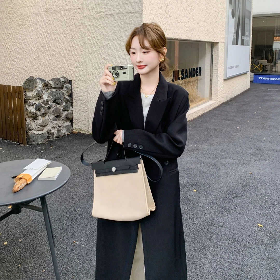 黑色长款西装大衣外套女春秋2025新款超好看高级气场宽松西服风衣