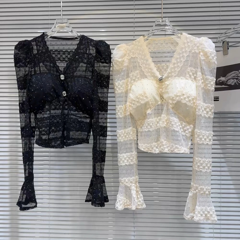 新款性感名媛满天星烫钻设计网纱小衫蕾丝衫女