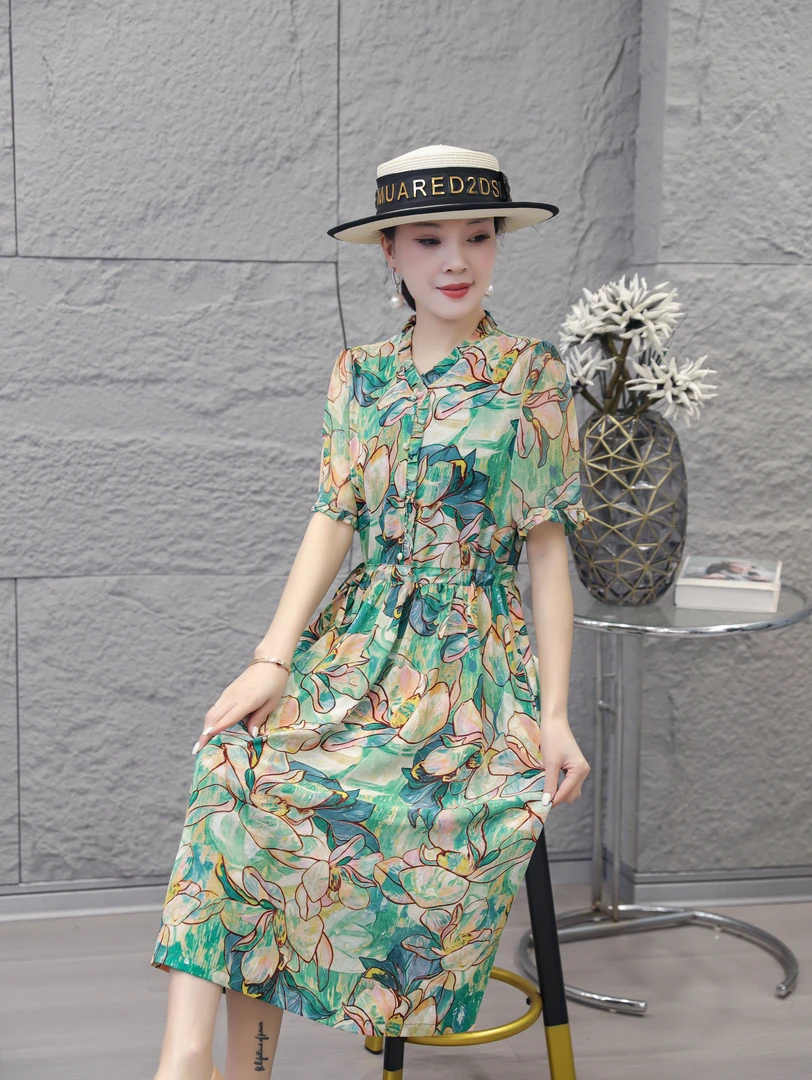 10007-夏季爆款高档优雅过膝长裙收腰遮肉连衣裙洋气裙子女【G仓】