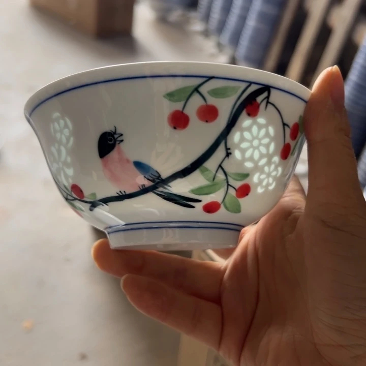 陶瓷手绘雕刻5寸花鸟小饭碗
