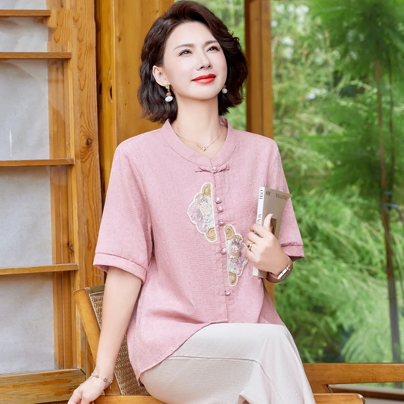 新中式妈妈夏装套装端庄大气国风小衫2025新款中老年夏季棉麻上衣