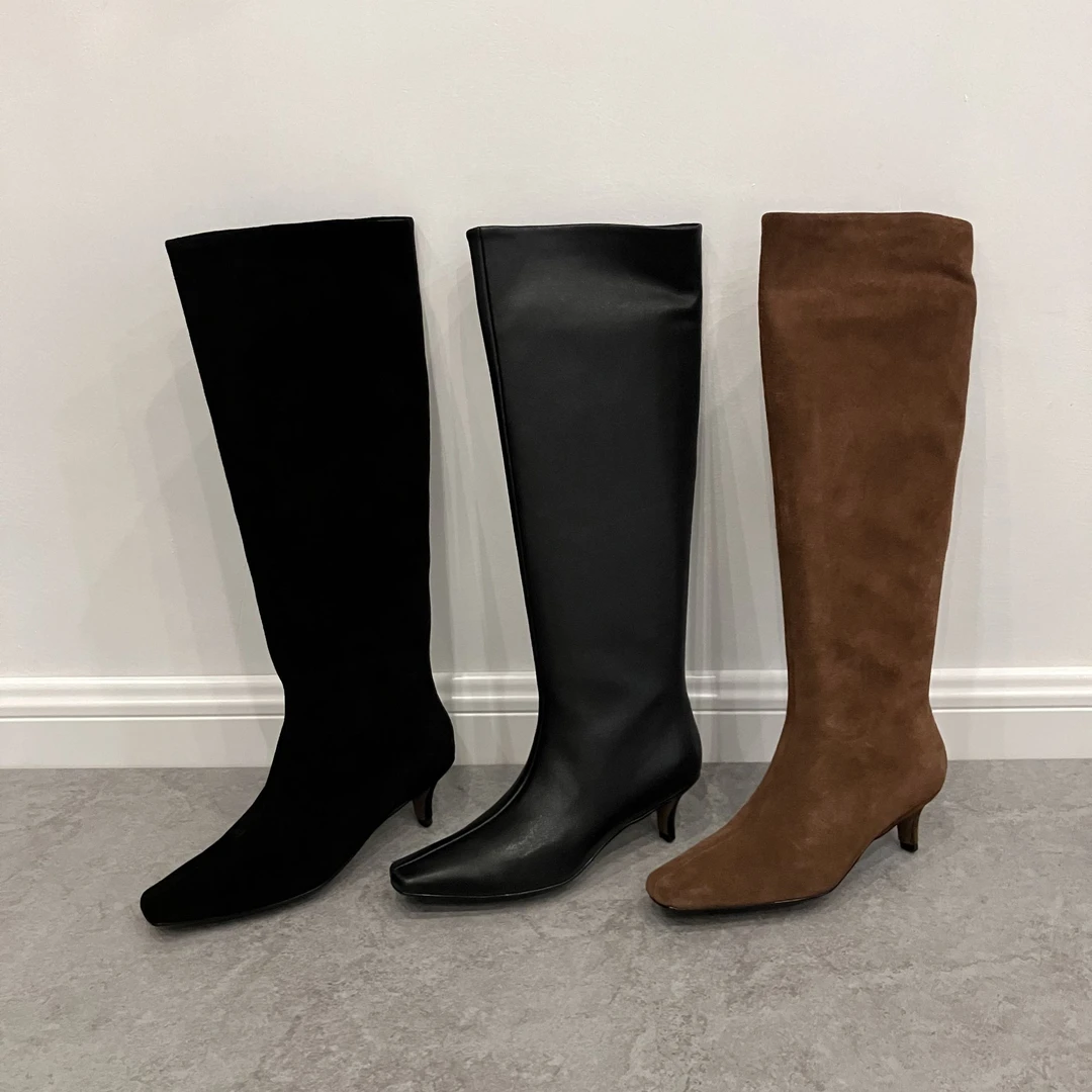 法式气质小方头高跟宽筒显瘦2025超火巨好看不过膝长靴长筒百搭