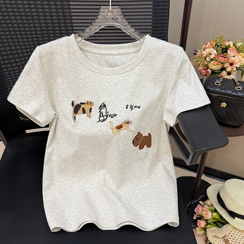 2025爆款趣味减龄刺绣短袖t恤女夏季韩版正肩上衣漂亮小衫