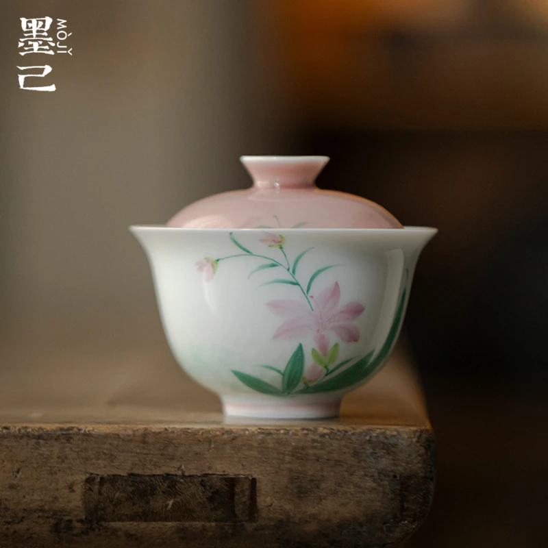 墨己苍烟红手绘鸢尾花陶瓷盖碗家用薄胎泡茶碗功夫茶具文人器盖碗