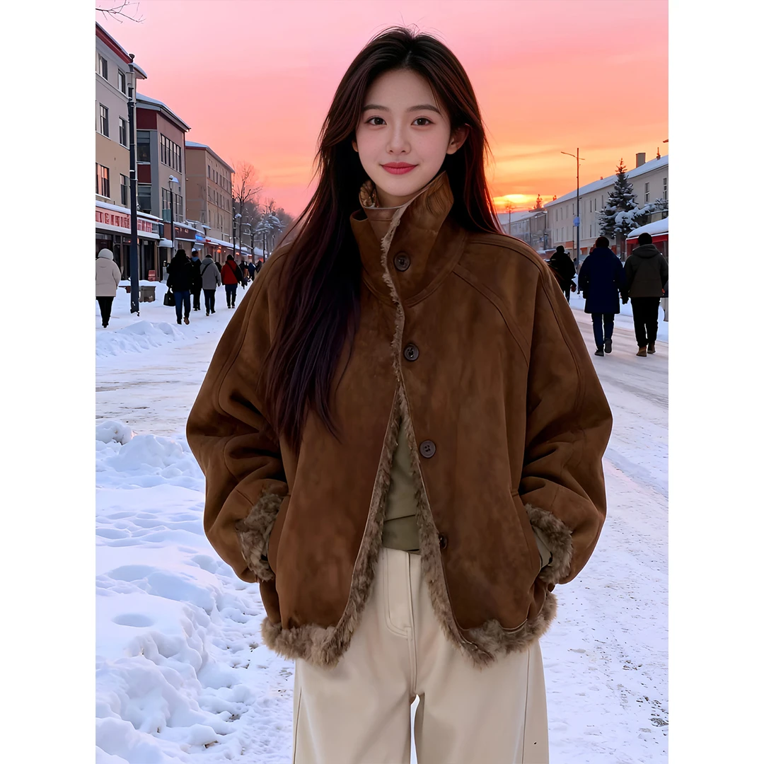 复古设计感百搭气质毛毛领外套2025冬季加绒加厚高级氛围感短外套