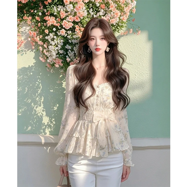 法式爆款碎花方领收腰衬衫女2025春季新款小众设计感高端长袖衬衣