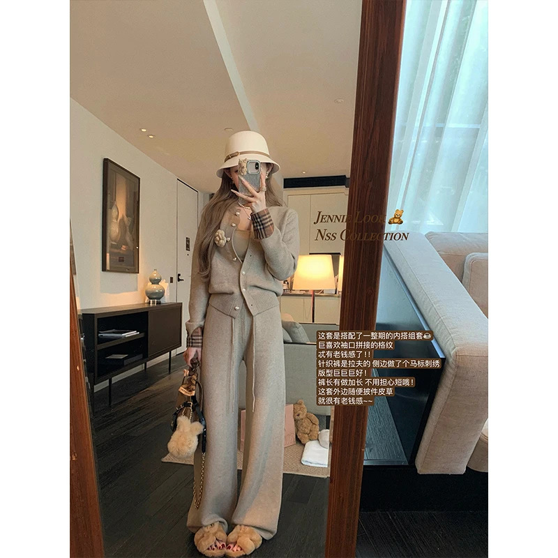 慵懒感通勤小众穿搭两件套显瘦百搭长袖开衫高腰垂感休闲阔腿裤女