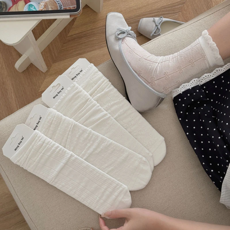 夏季超薄桑蚕丝莱赛尔纤维中筒袜子女吸汗透气白袜甜妹穿搭堆堆袜