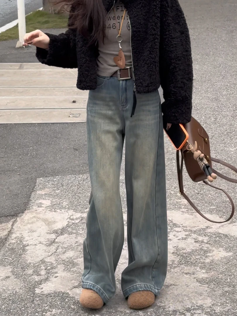 休闲女设计感直筒冬季牛仔裤阔腿裤高腰裤子常规