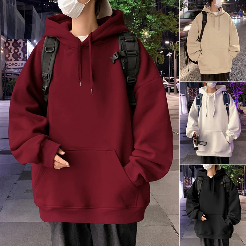 重磅加绒加厚连帽卫衣秋冬纯色宽松简约保暖上衣男女
