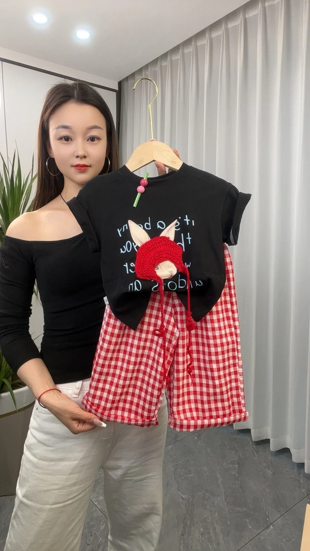 【小红帽】亲子装新款卡通兔小红帽套装圆领上衣苹果红格子裤两件套