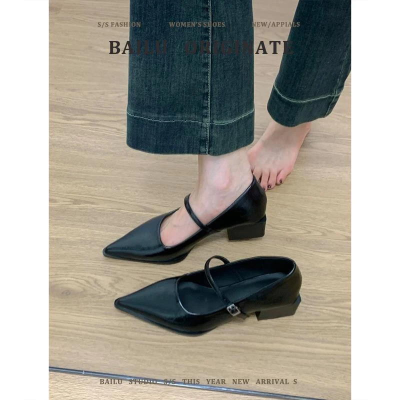 【高奢&达人款】小众版~粗跟气质尖头通勤单鞋女2025新款一字扣浅