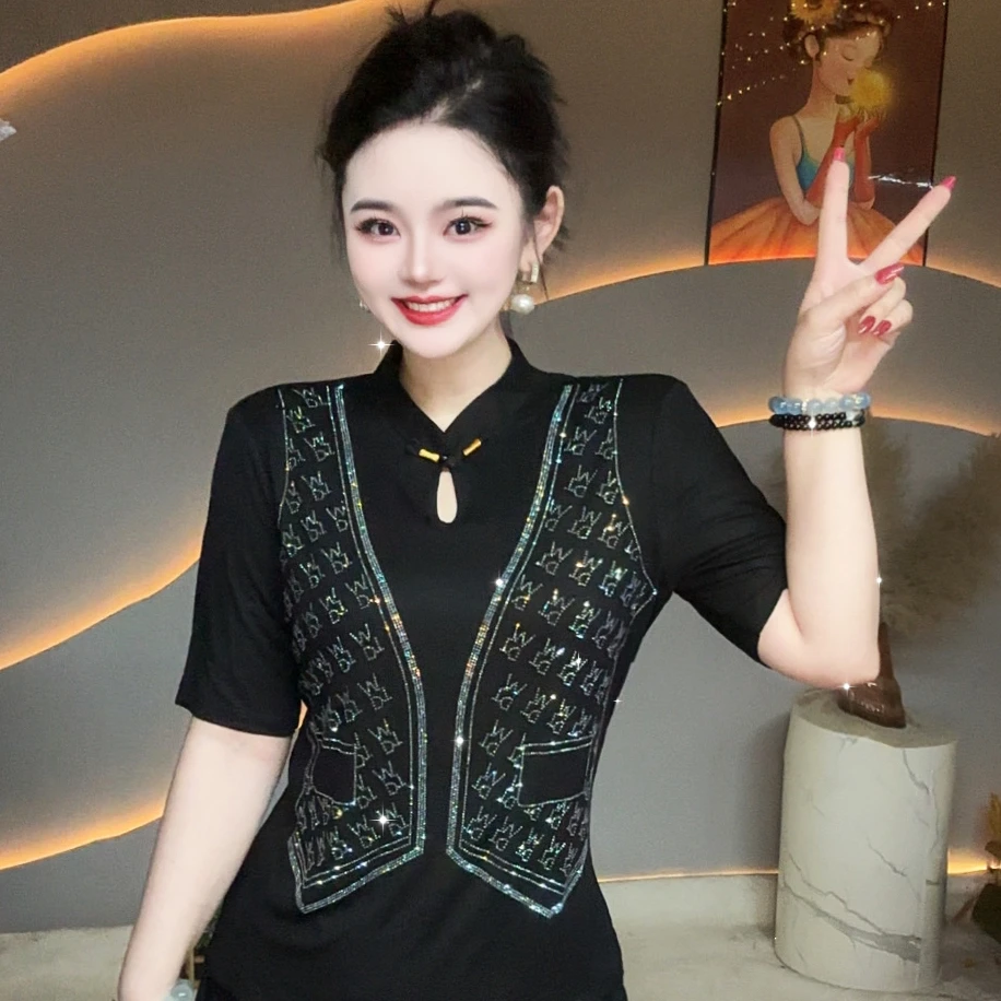 【假两件烫钻马甲】时尚爆款洋气重工打底衫短袖女中国风气质3105