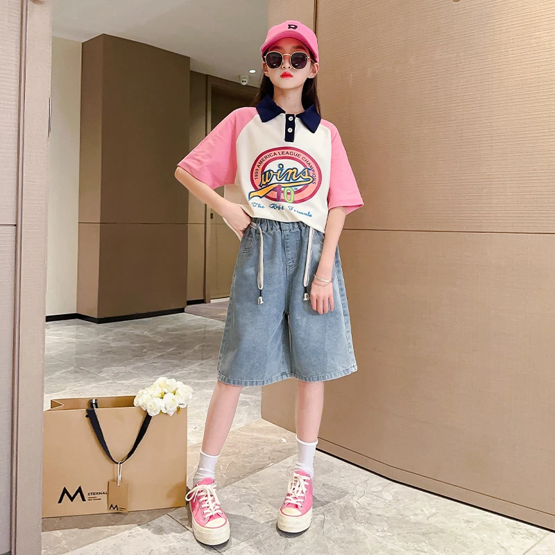 女童夏款短袖Polo衫2025新款洋气休闲套装韩范女大童短袖短裤2