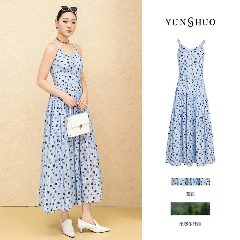 允硕春季新品时尚百搭夏季V领吊带蓝色女波点塔塔裙连衣裙569410