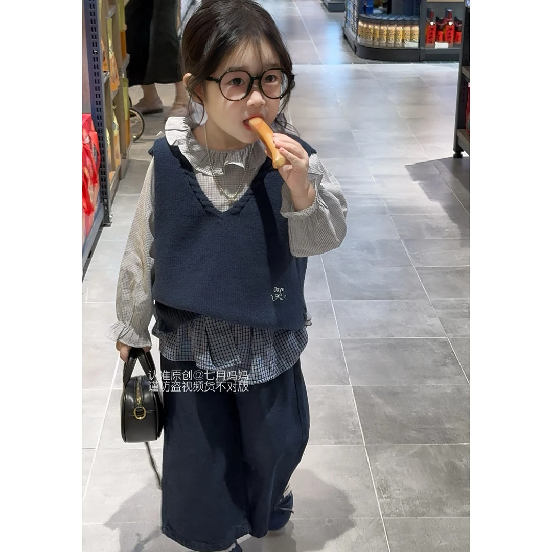韩版女童毛衣针织衫背心2025秋季新款小女孩格子衬衫屁帘牛仔裤潮