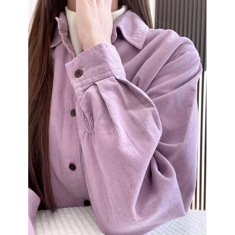 紫色长袖正肩灯芯绒衬衫女早春季叠穿衬衣外套设计感小众别致上衣