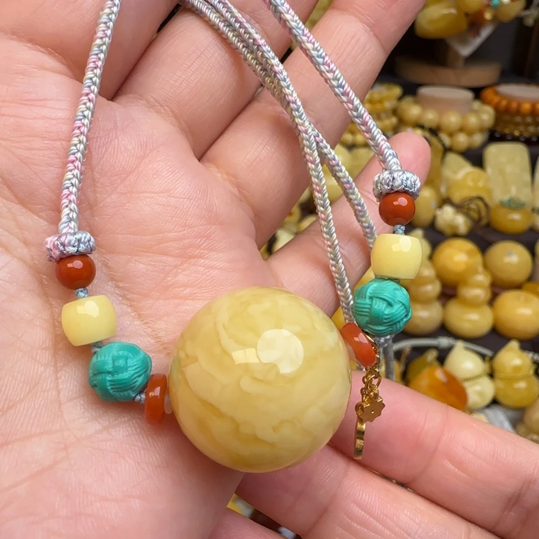 琥珀未镶嵌套链天然俄料浓白妖花蜜蜡圆珠锁骨