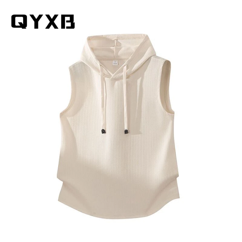【品牌现货】QYXBN冰丝坎肩背心男夏季宽松无袖t恤运动健身连帽上衣
