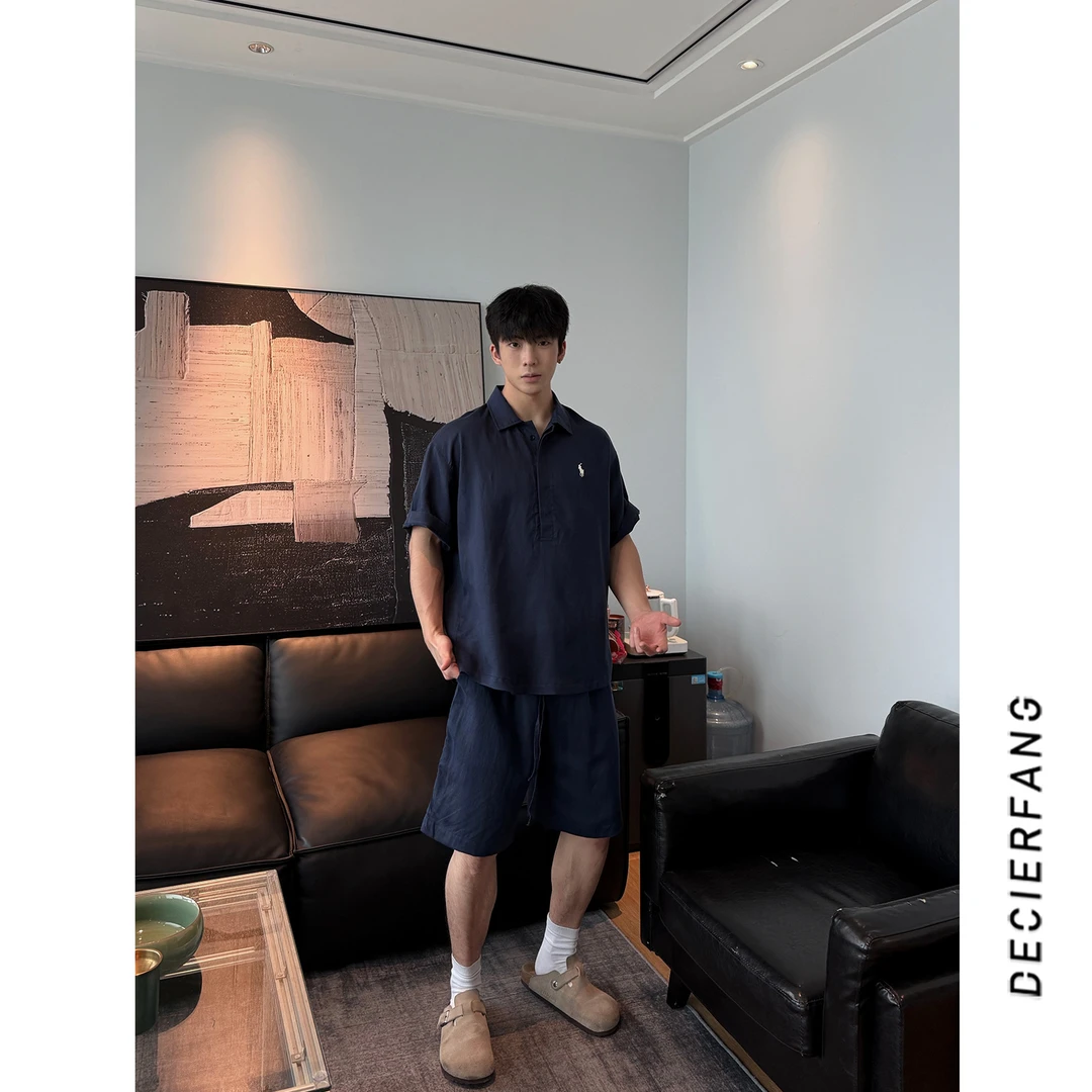 【亚麻套装】25夏季老钱风小标极简天丝亚麻POLO衫短袖短裤套装男潮