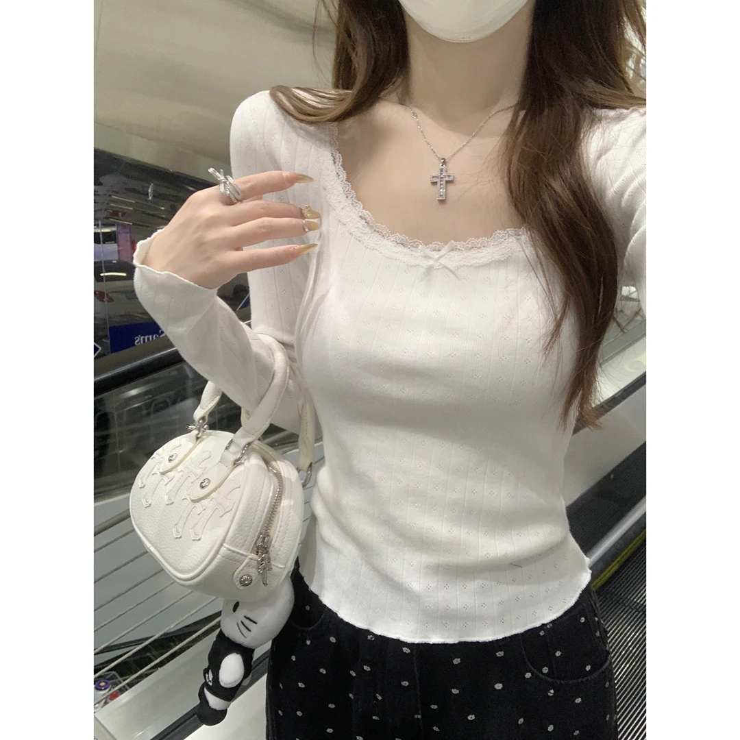 韩系蕾丝边U领提花长袖T恤2025秋季新款修身纯棉正肩打底上衣女潮