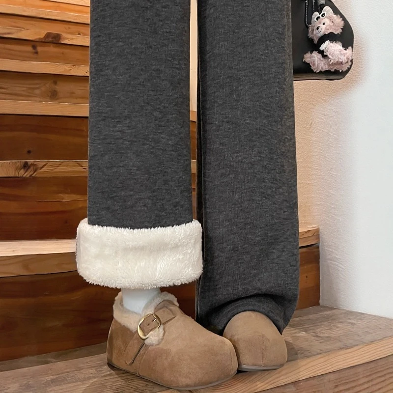 羊羔绒糯米裤女加厚2025冬新款高腰垂感直筒灰色秋冬加绒阔腿裤子