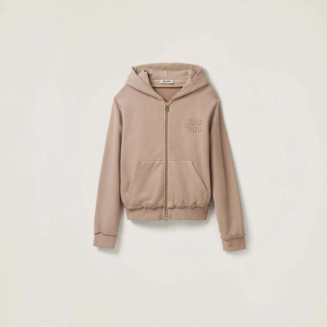 未使用 MIU MIU/缪缪 贴布logo微做旧毛边拉链长袖卫衣外套