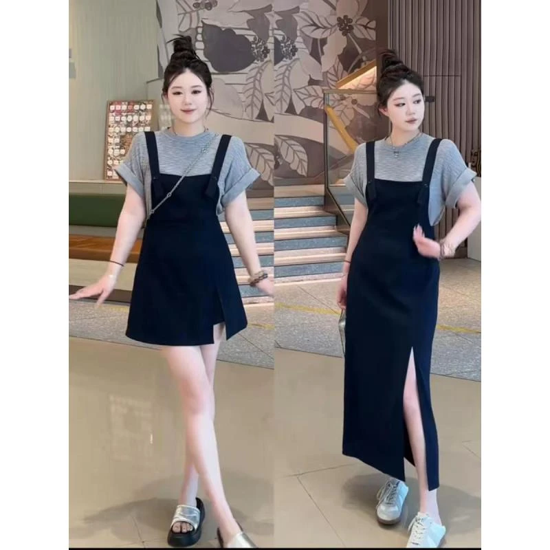 休闲风慵懒风时尚套装宽松拼接韩版显瘦假两件气质夏季套装