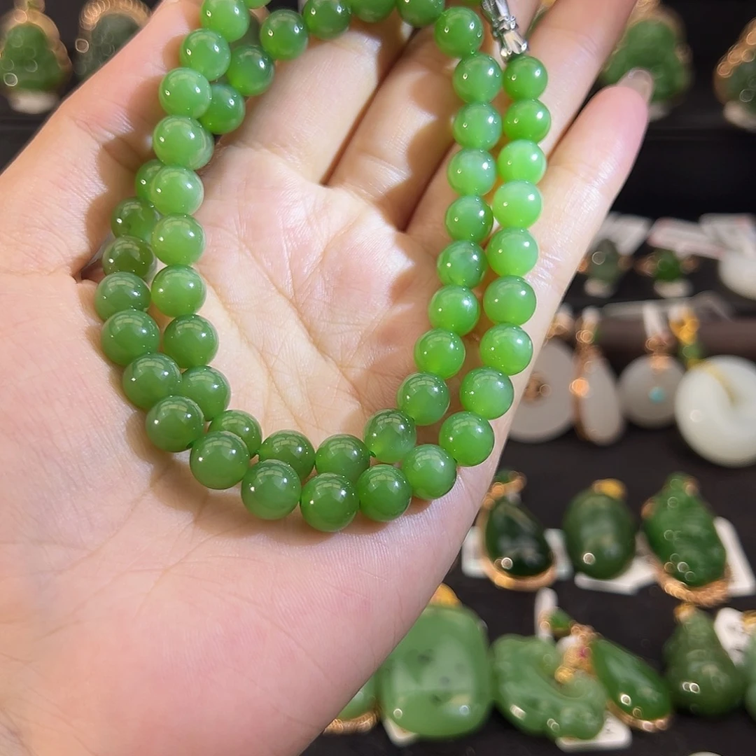 和田玉未镶嵌项链冰底阳绿猫项链8mm