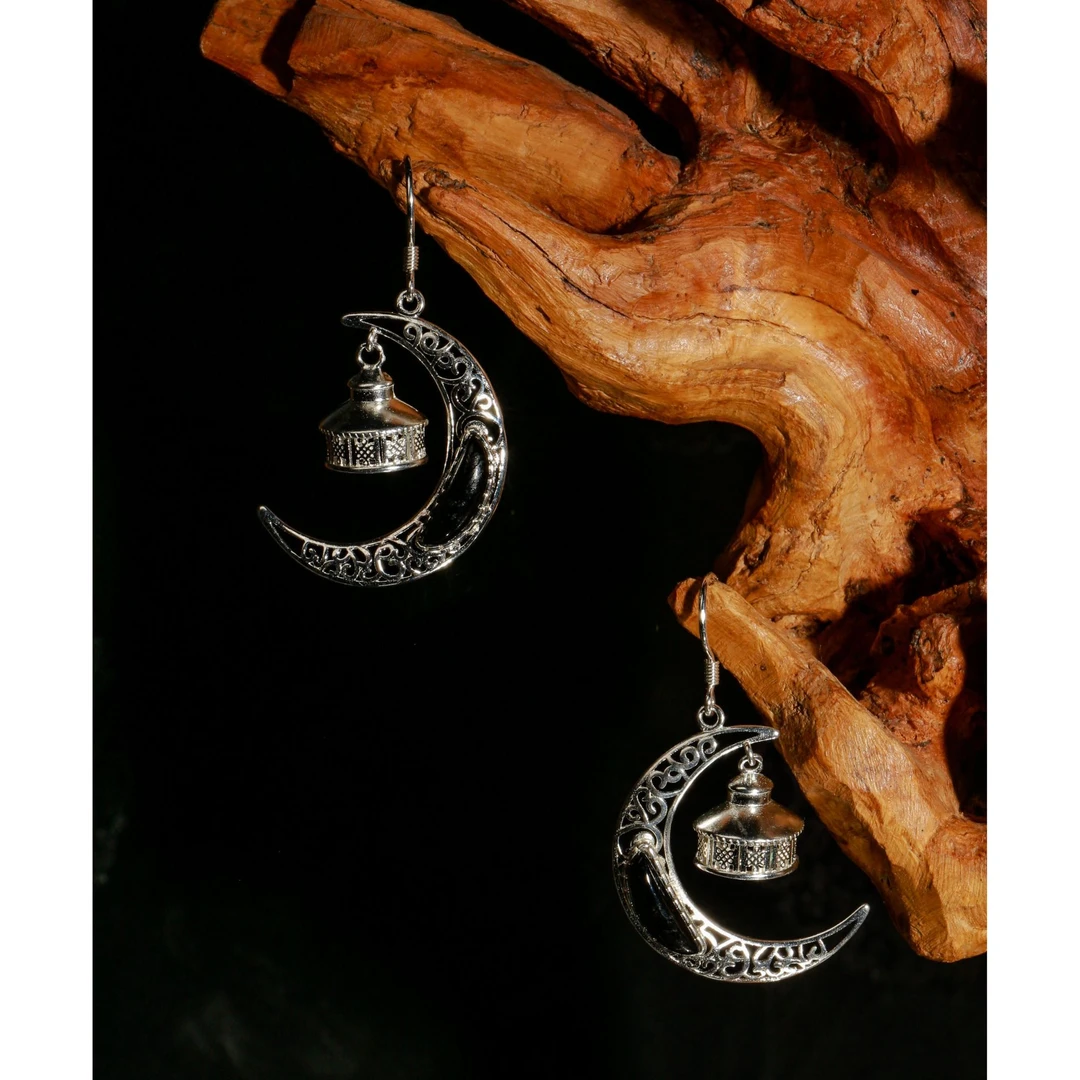 足银莫桑石耳饰 民族风原创设计纯手工月亮蒙古包耳坠纯银耳坠