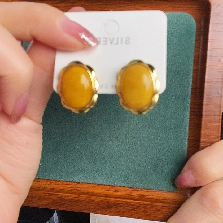 蜜蜡银S925镶嵌耳饰耳钉